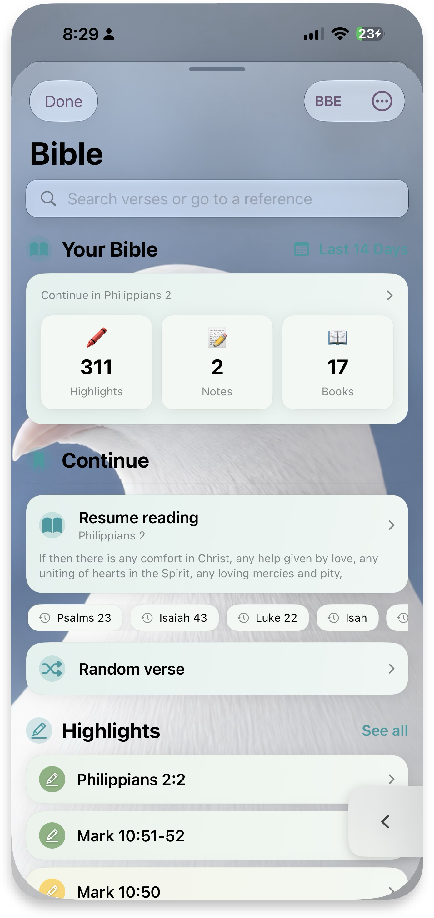 Bible hub — stats, continue, highlights