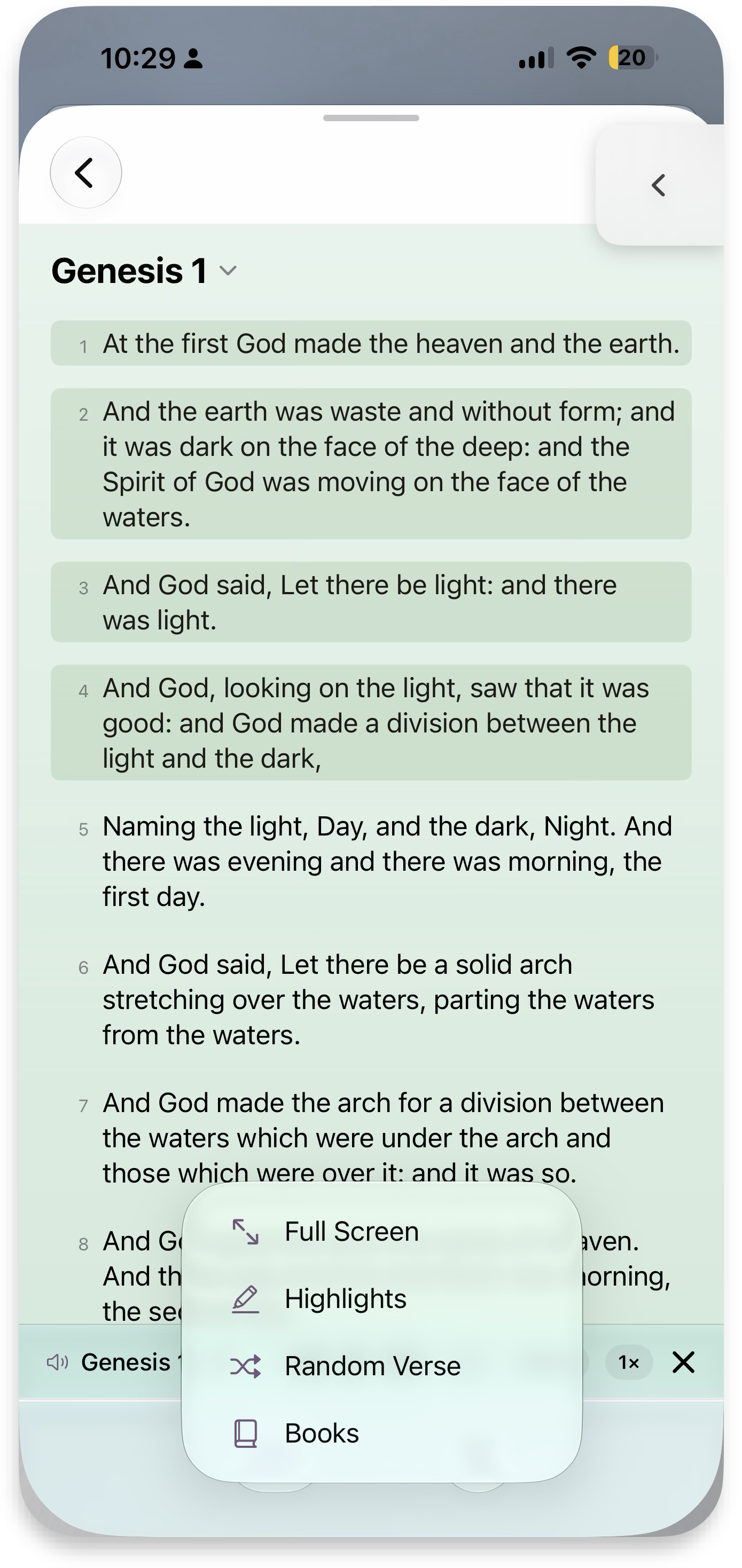 View options — fullscreen, highlights, random verse, books