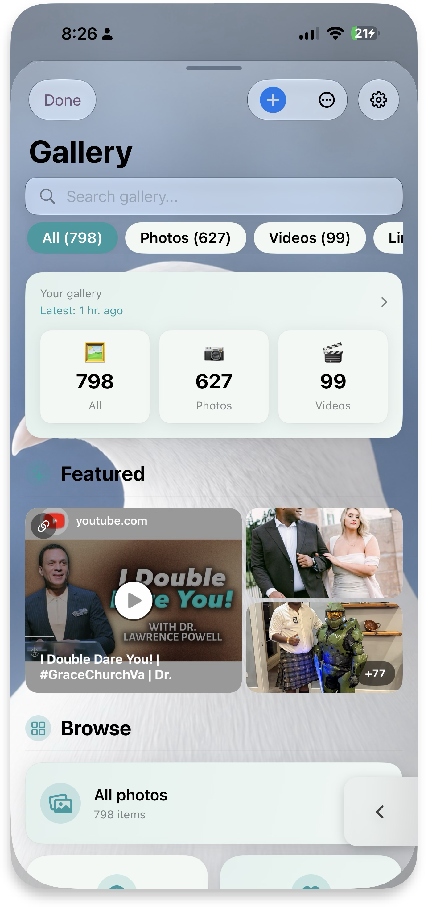 Gallery hub with filters and featured
