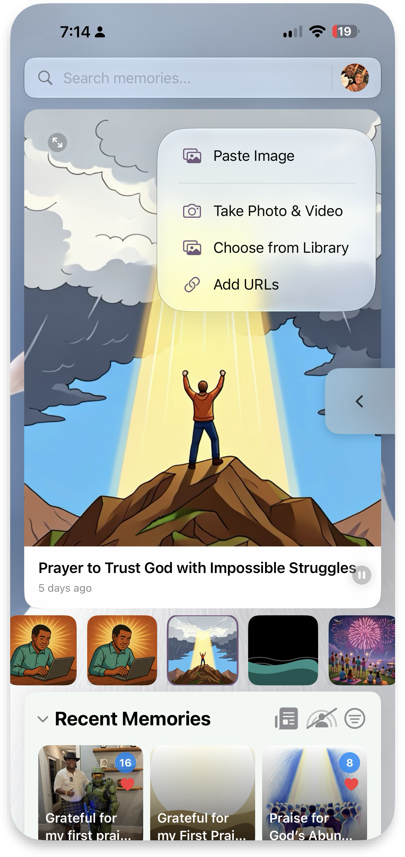 Add media menu — paste, camera, library, URLs