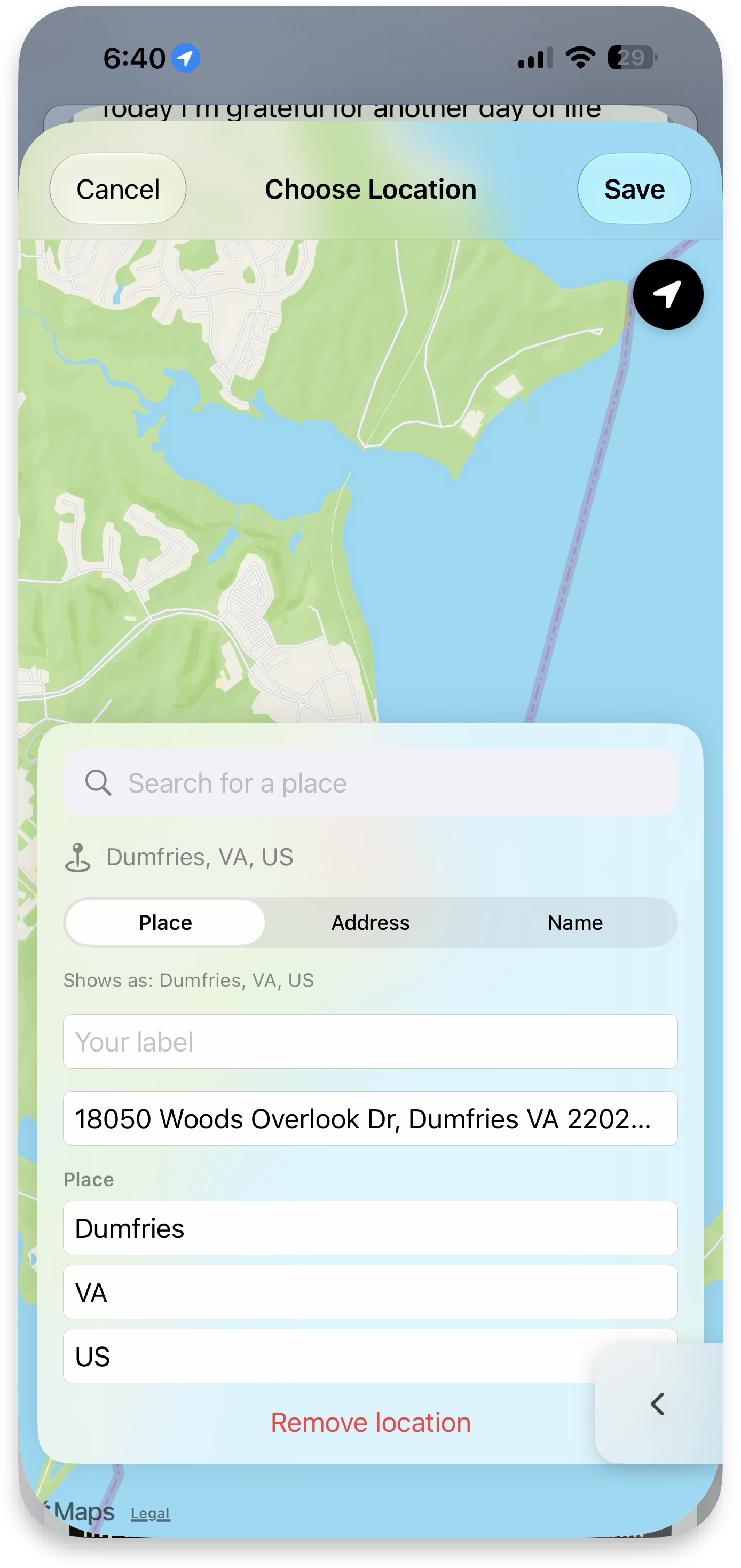 Choose Location — map and place details