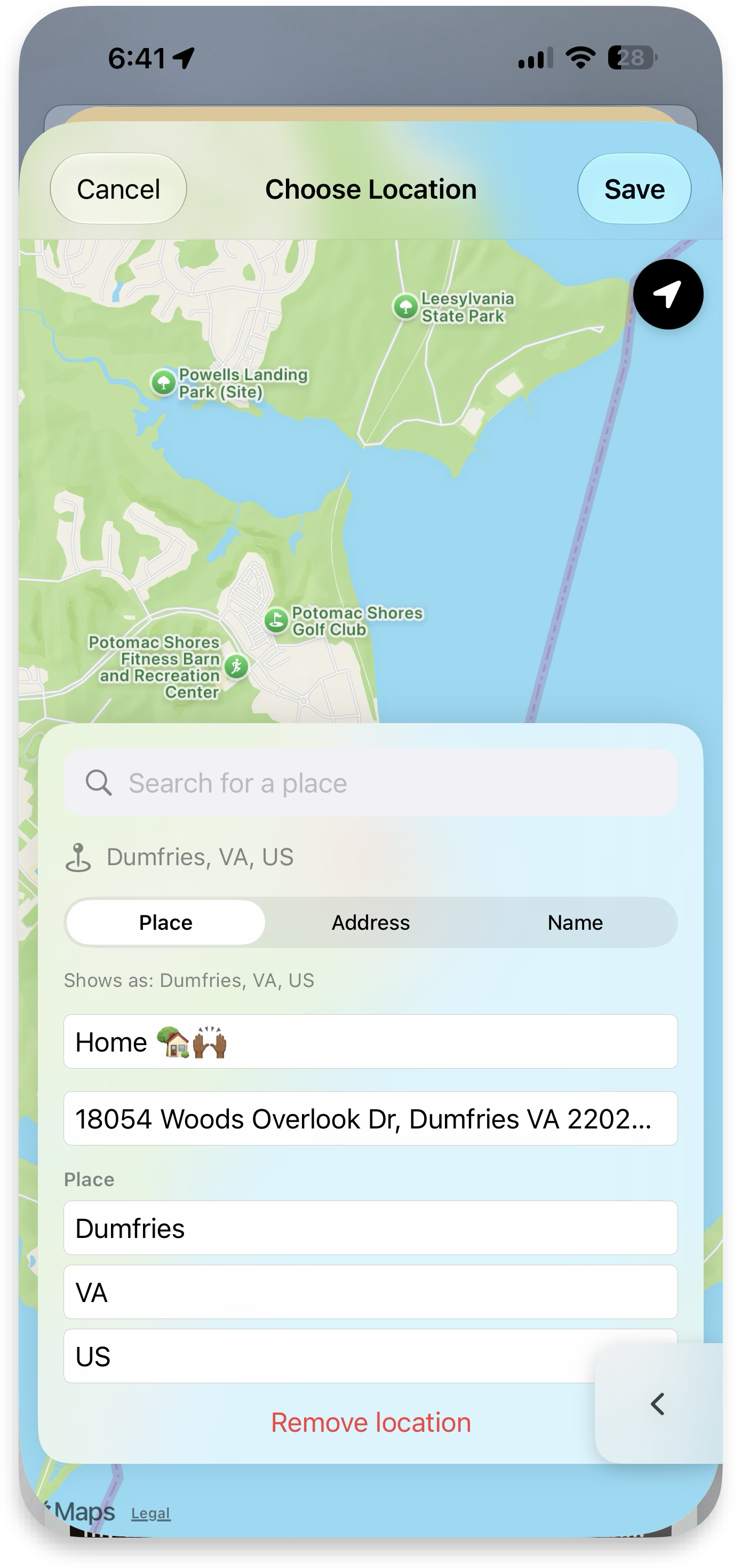 Choose Location — saved place with label