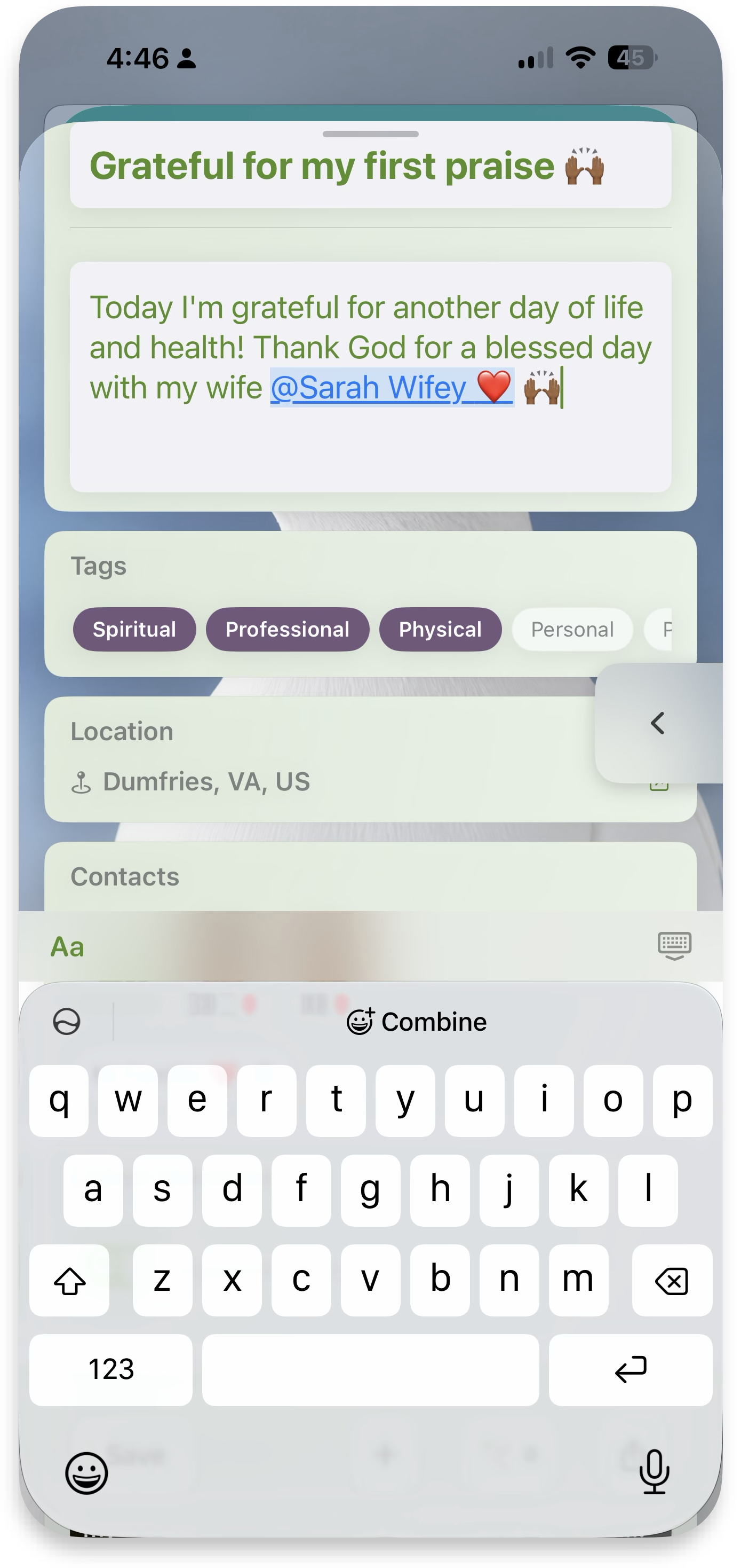 Contacts card on a memory
