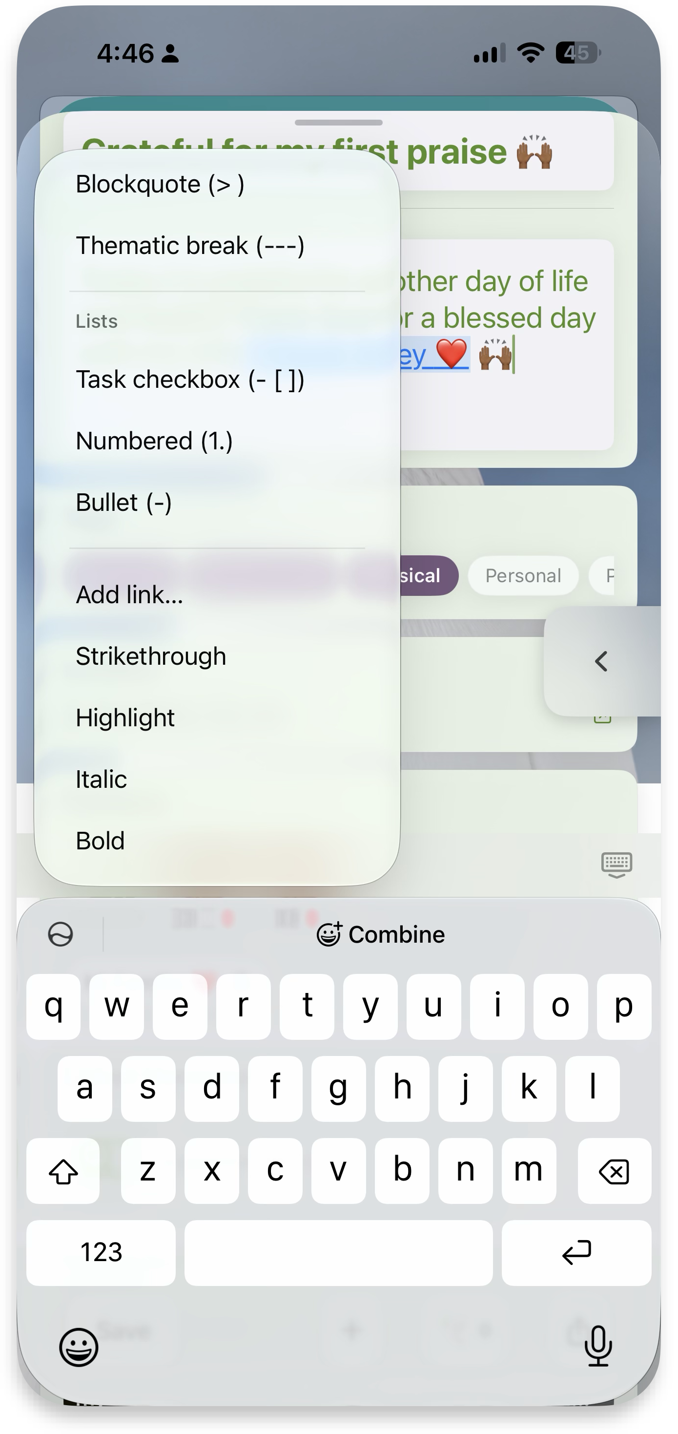 Rich text formatting menu