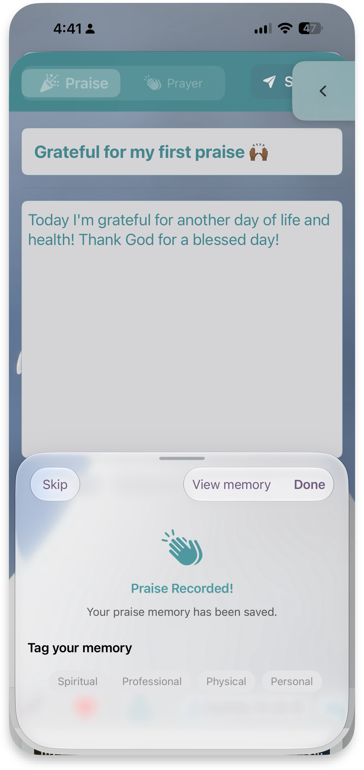 New memory — Praise Recorded confirmation