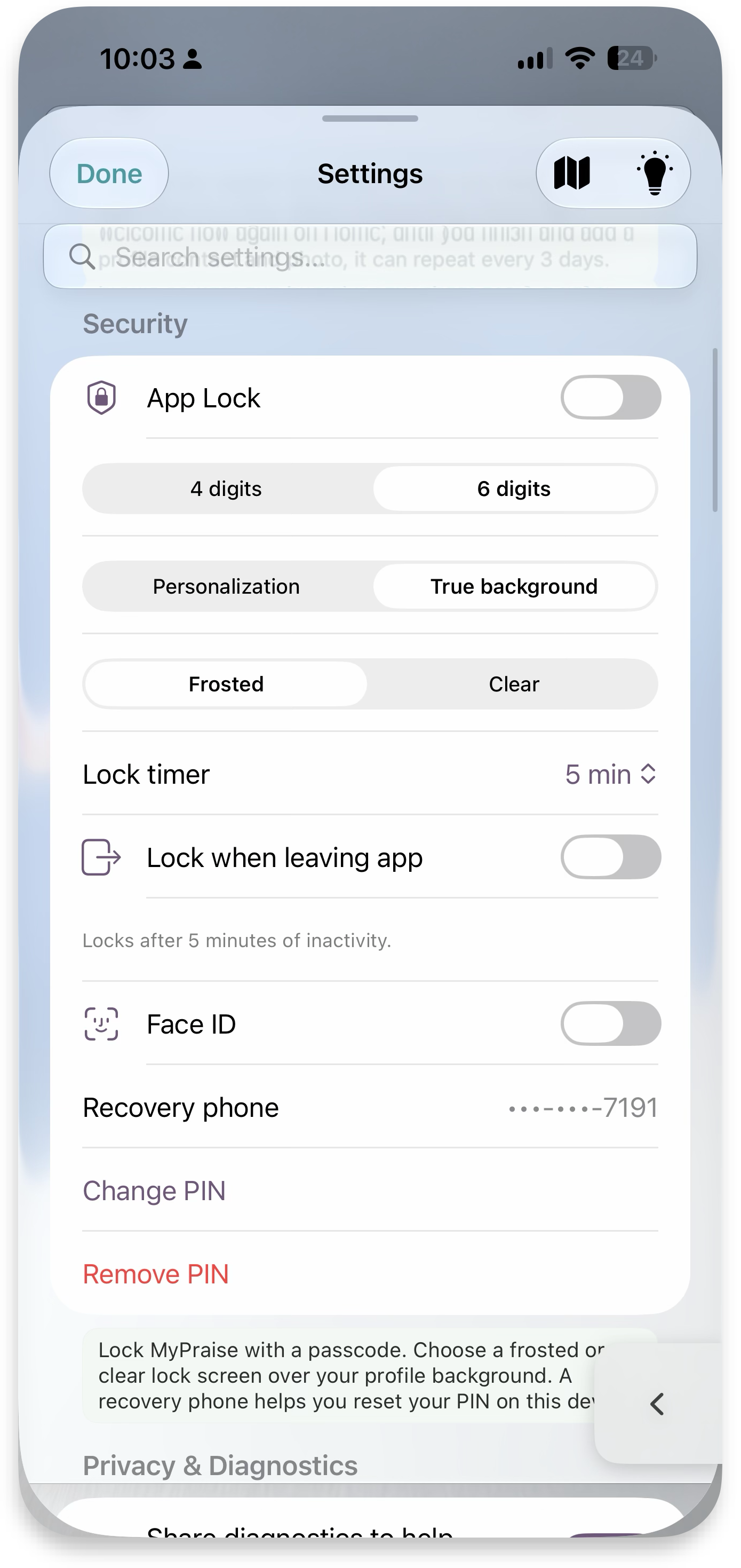 App Lock settings — off