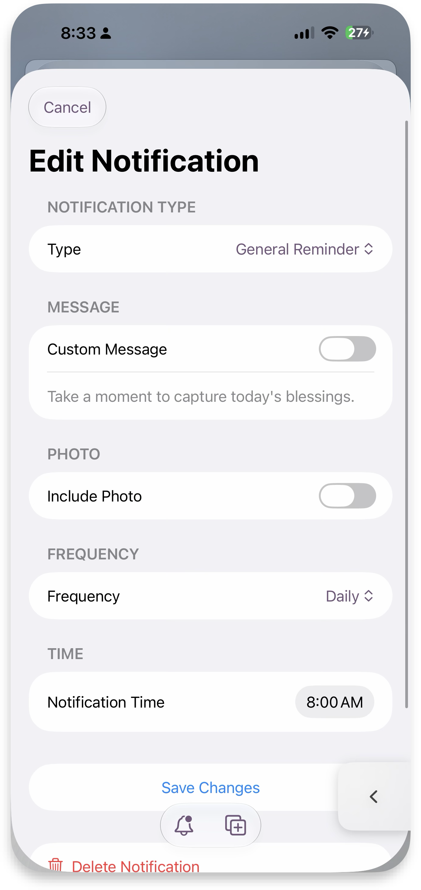 Edit notification — message, photo, frequency, time