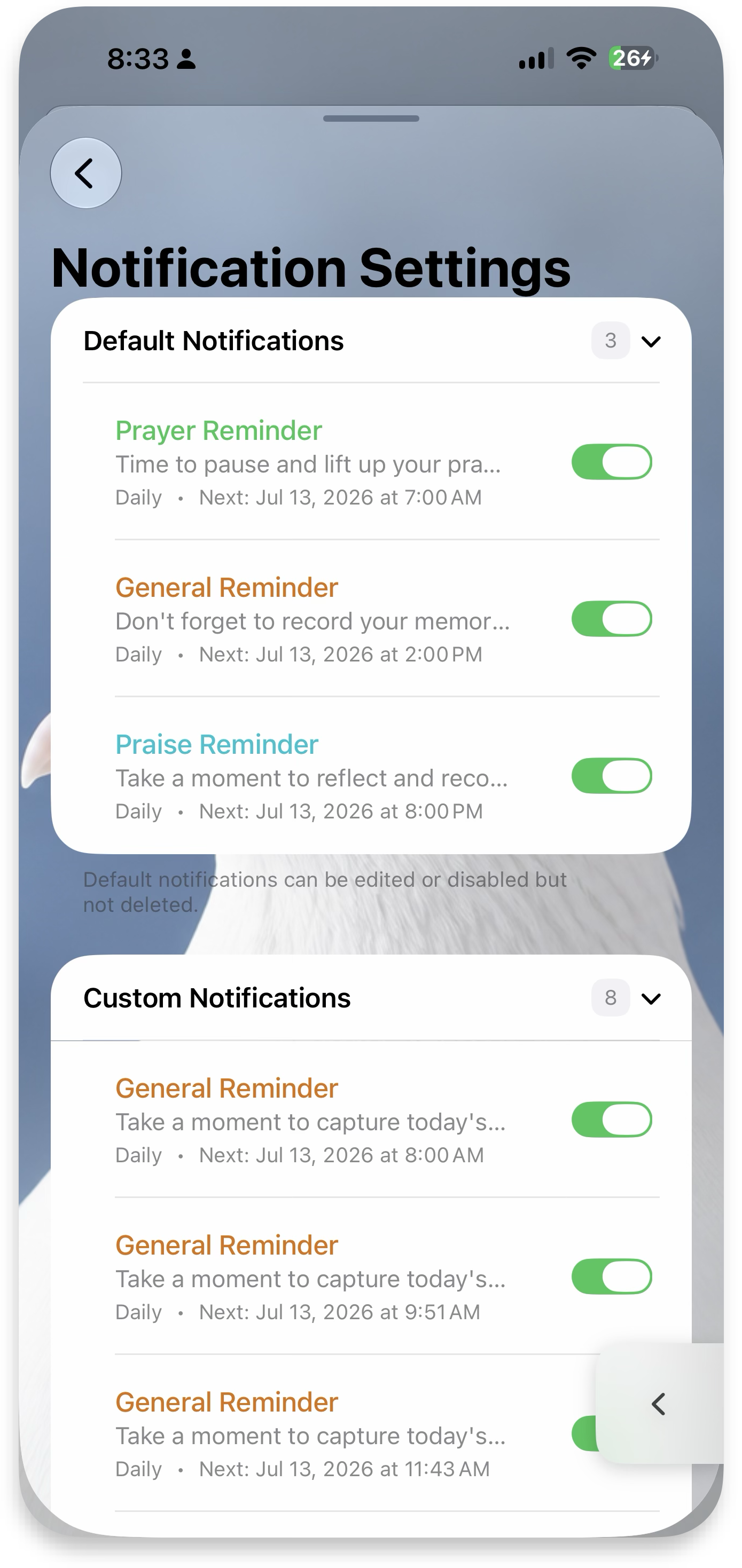 Notification Settings — default and custom