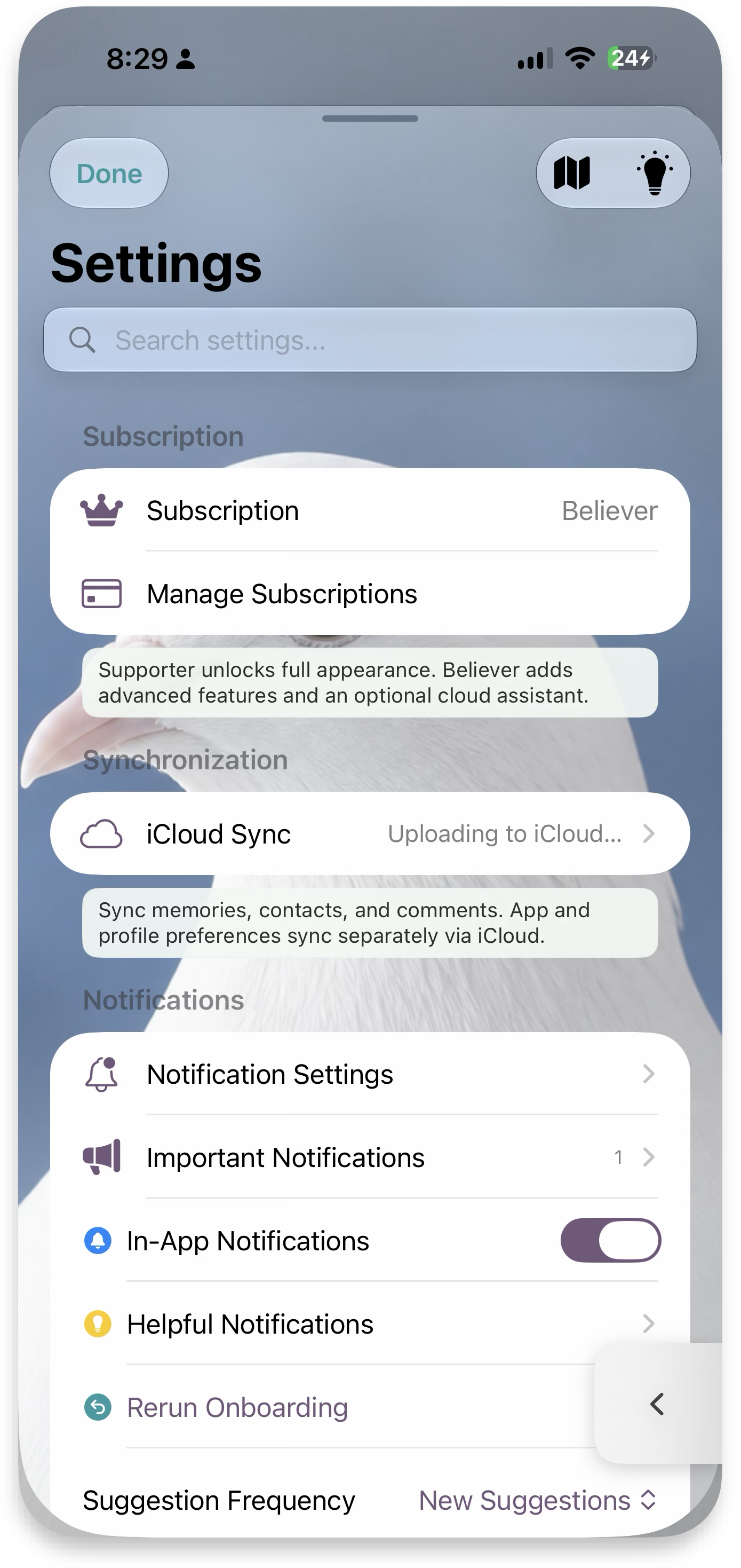 Settings — subscription, sync, notifications